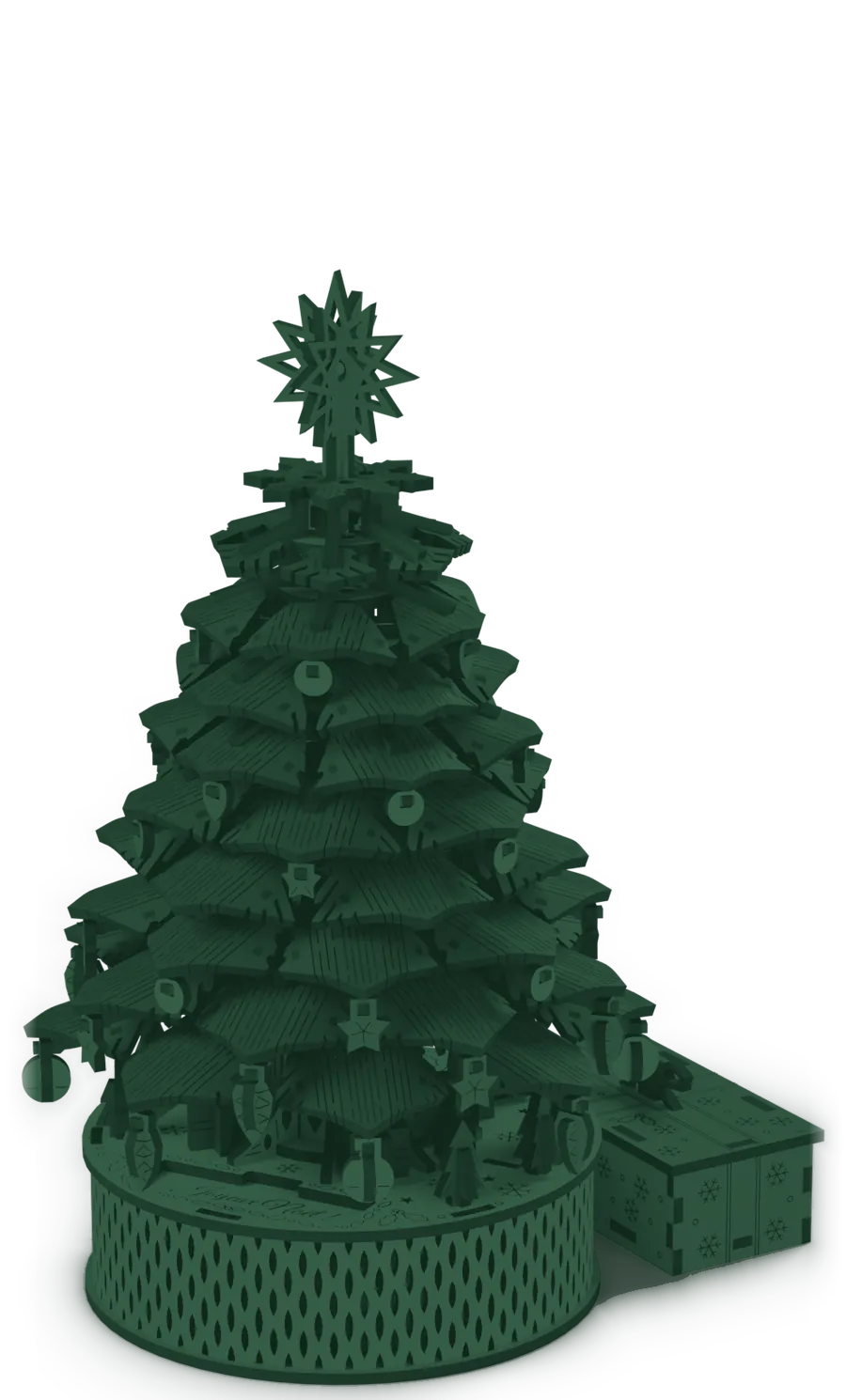 Le Sapin lumineux Woodzy en silhouette : il se monte un peu plus chaque jour, jusqu’à l’ouverture des précommandes