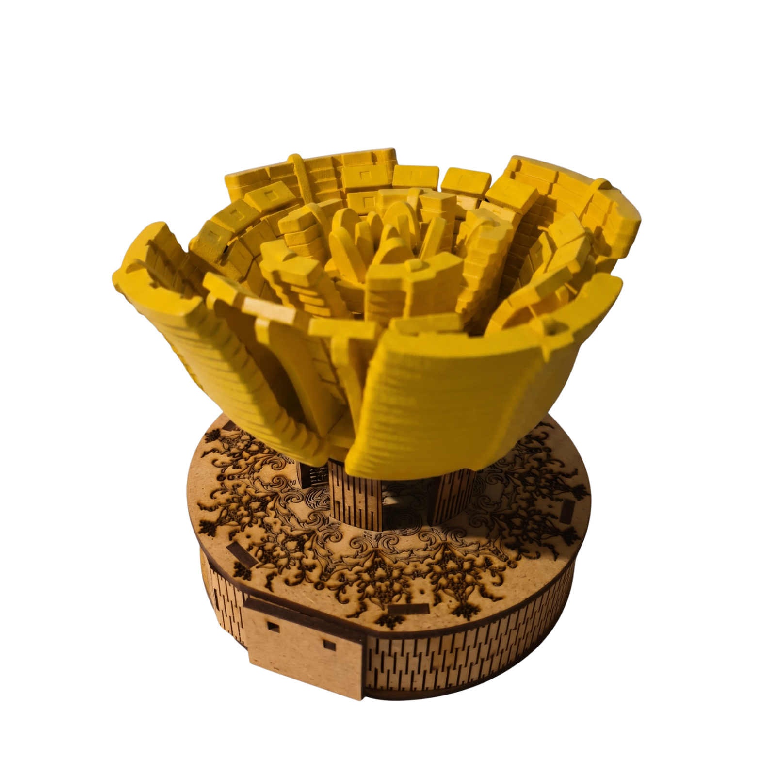 rose Woodzy jaune sur socle rose Woodzy jaune sur socle